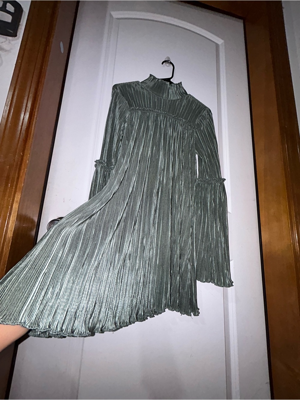 Missguided Pleated High-Neck Long-Sleeve Dress in Sage Green